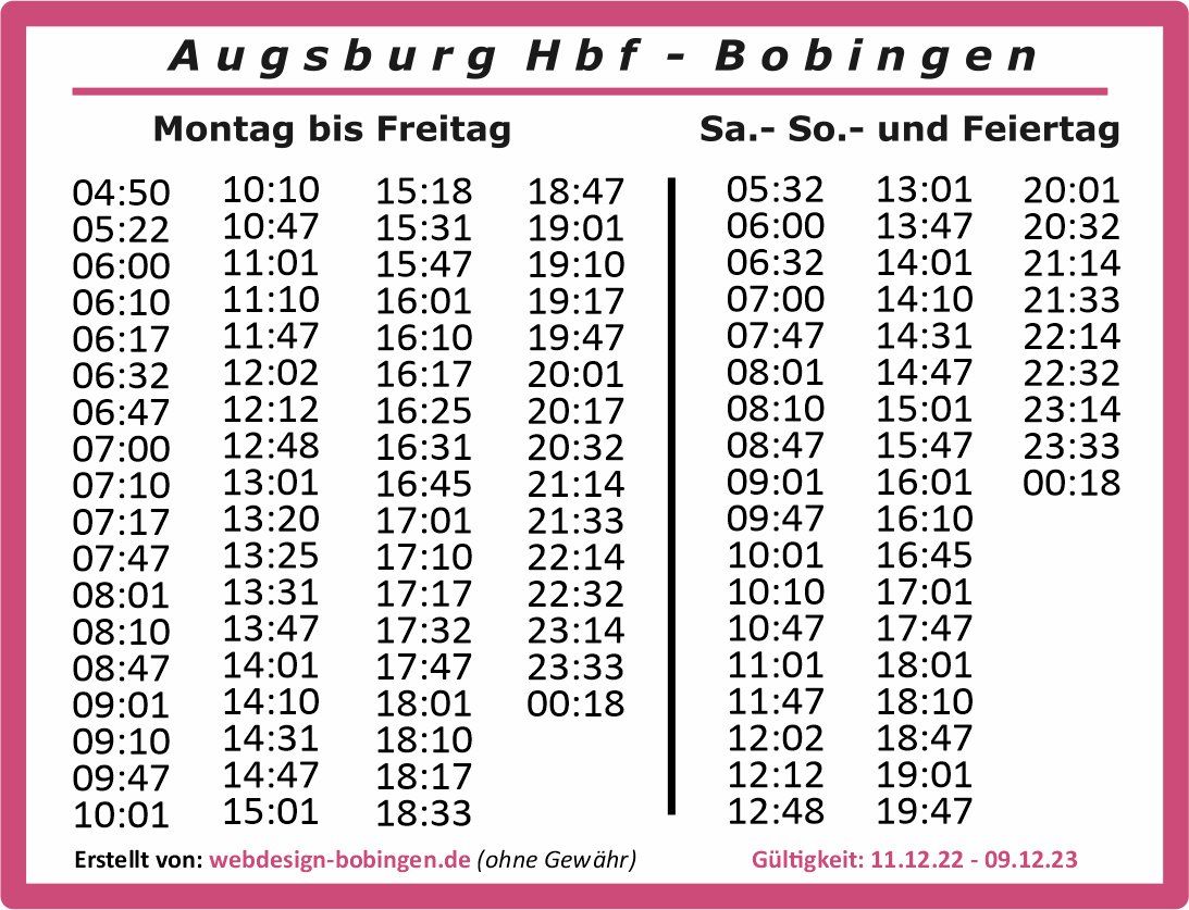 Druckvorschau Pocket-Fahrplan HBF Augsburg - Bf Bobingen
