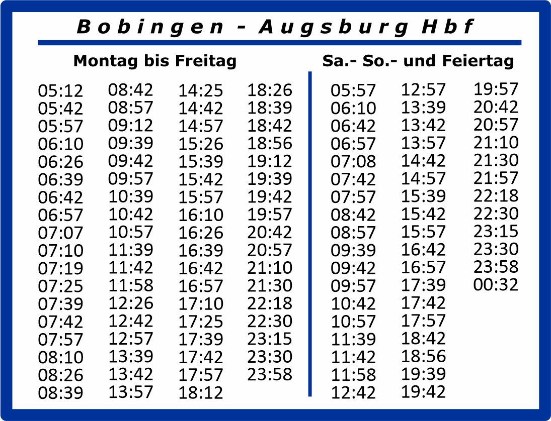Druckvorschau Fahrplan Bahnhof Bobingen nach Hauptbahnhof Augsburg