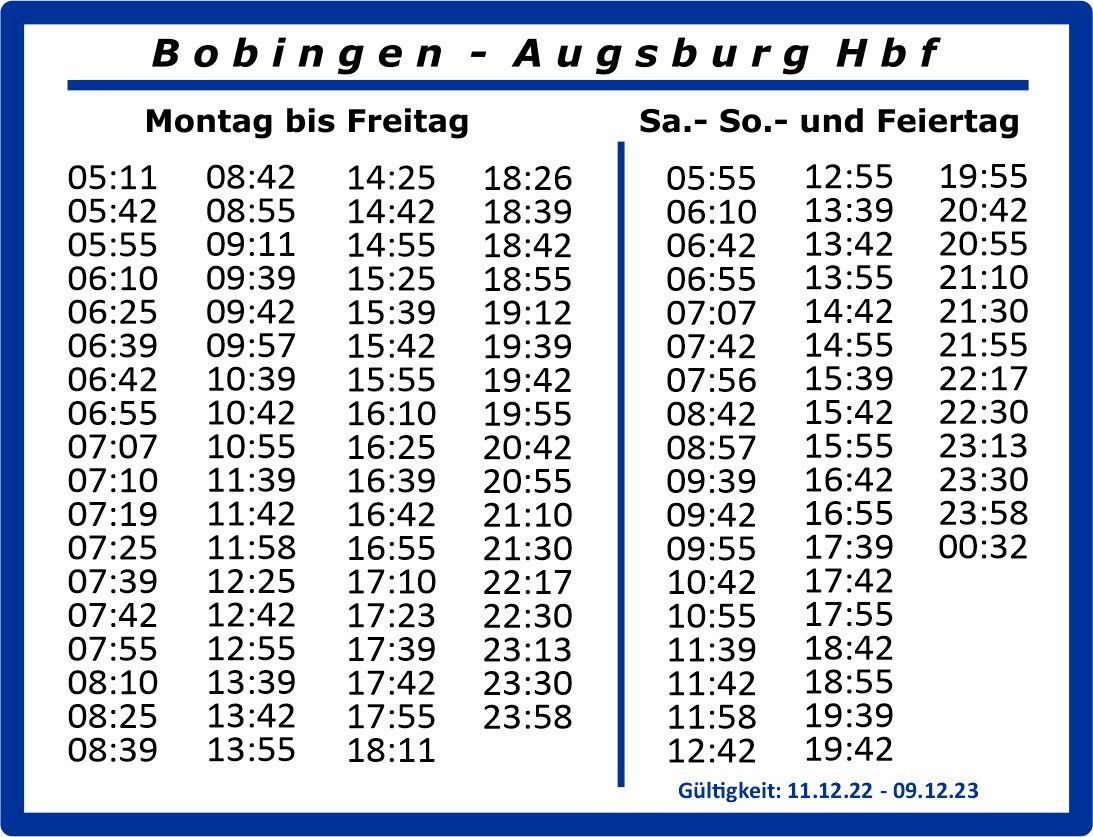 Druckvorschau Fahrplan Bahnhof Bobingen nach Hauptbahnhof Augsburg